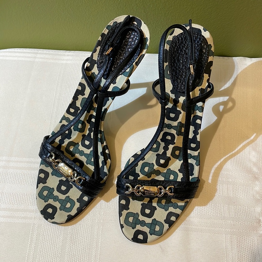 Gucci Printed Black Leather 4” Stiletto Heeled Sandal - 8